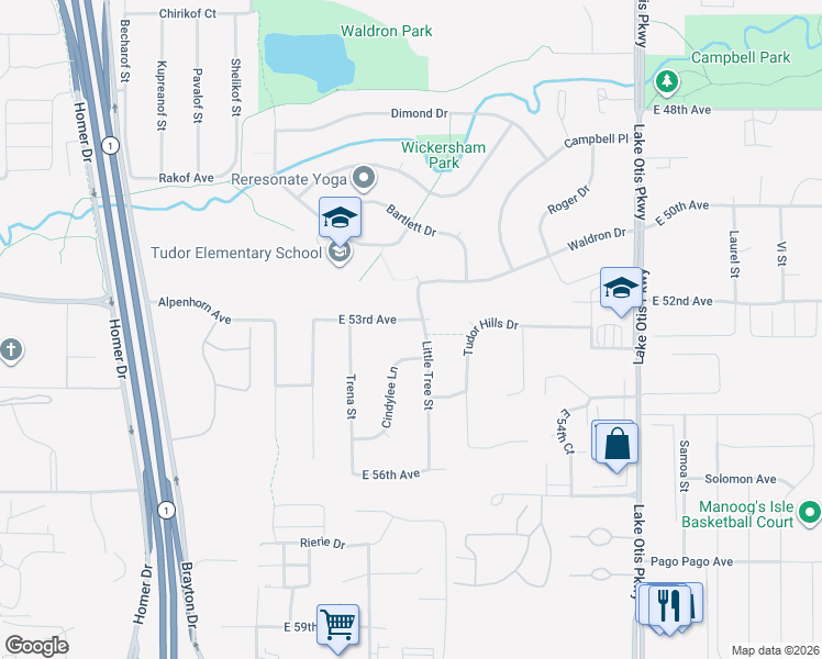 map of restaurants, bars, coffee shops, grocery stores, and more near 1900 East 53rd Avenue in Anchorage