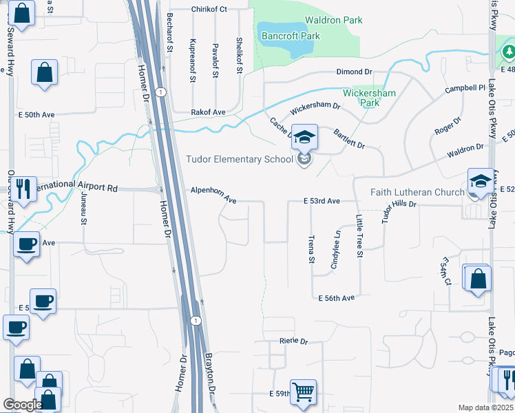 map of restaurants, bars, coffee shops, grocery stores, and more near 5310 Larkspur Street in Anchorage