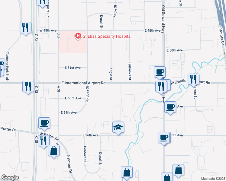 map of restaurants, bars, coffee shops, grocery stores, and more near 360 East International Airport Road in Anchorage