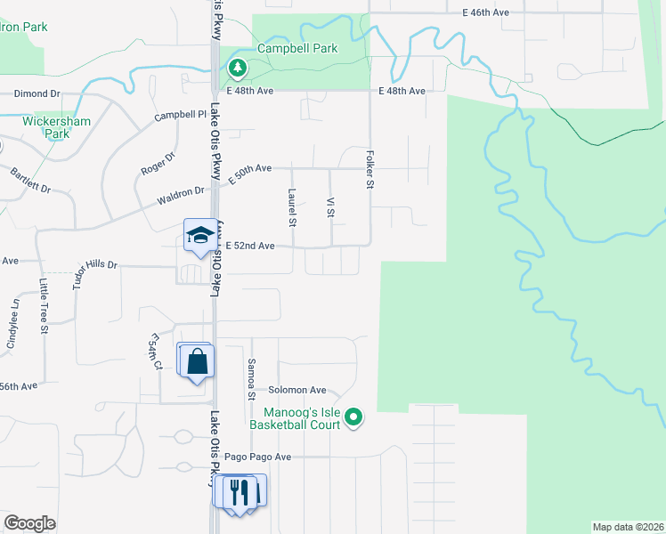 map of restaurants, bars, coffee shops, grocery stores, and more near 5216 Sleepy Meadow Place in Anchorage