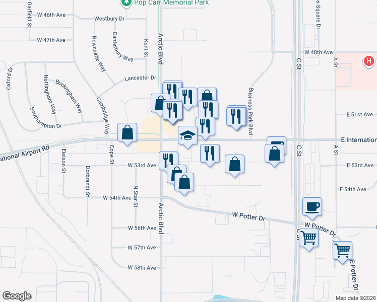 map of restaurants, bars, coffee shops, grocery stores, and more near 650 West International Airport Road in Anchorage
