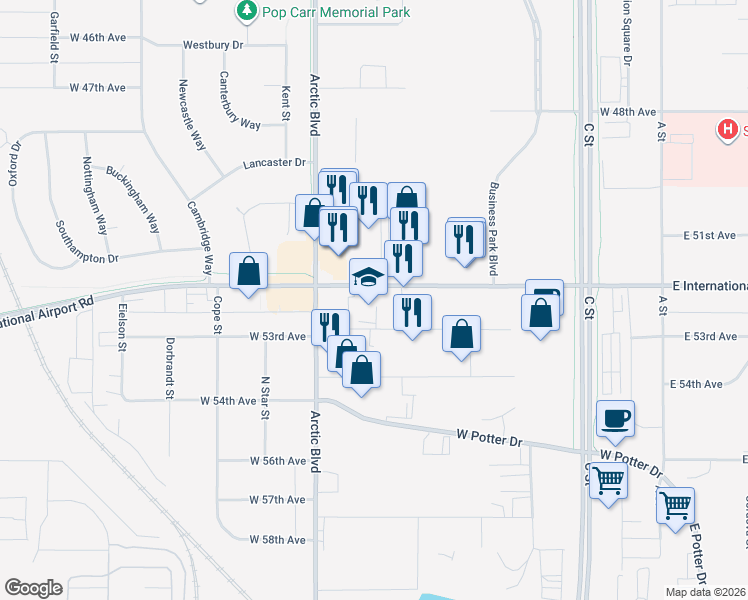 map of restaurants, bars, coffee shops, grocery stores, and more near 650 West International Airport Road in Anchorage