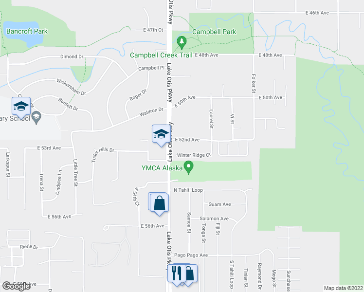 map of restaurants, bars, coffee shops, grocery stores, and more near 2358 East 52nd Avenue in Anchorage