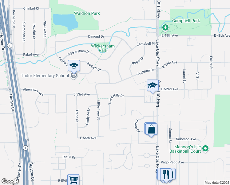 map of restaurants, bars, coffee shops, grocery stores, and more near 2110 Tudor Hills Drive in Anchorage