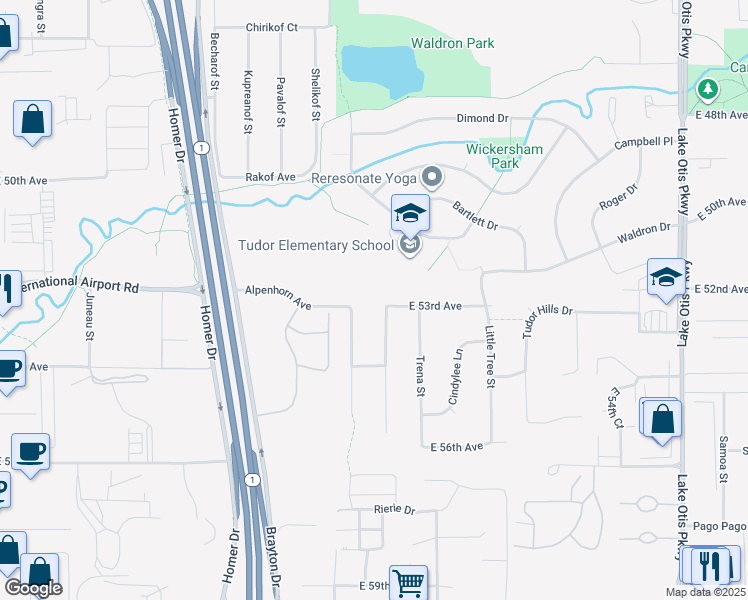 map of restaurants, bars, coffee shops, grocery stores, and more near 5310 Windflower Street in Anchorage