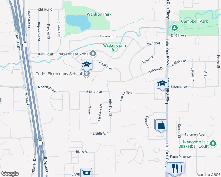 map of restaurants, bars, coffee shops, grocery stores, and more near 1900 East 53rd Avenue in Anchorage