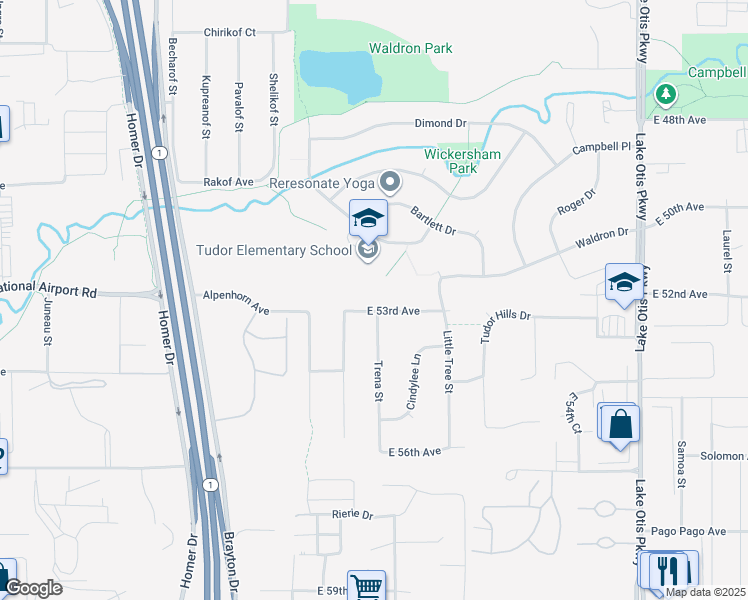 map of restaurants, bars, coffee shops, grocery stores, and more near 5300 Trena Street in Anchorage