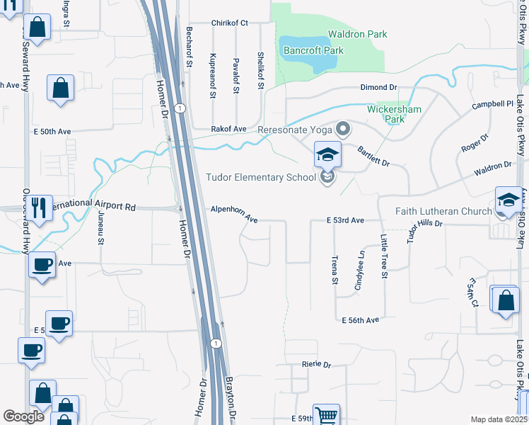 map of restaurants, bars, coffee shops, grocery stores, and more near 5310 Larkspur Street in Anchorage