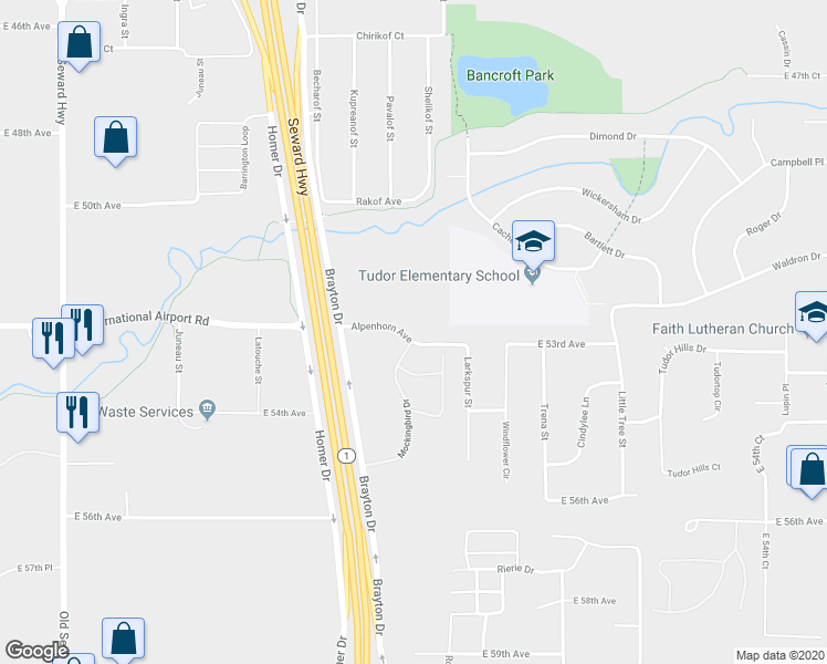 map of restaurants, bars, coffee shops, grocery stores, and more near 5211 Mockingbird Drive in Anchorage
