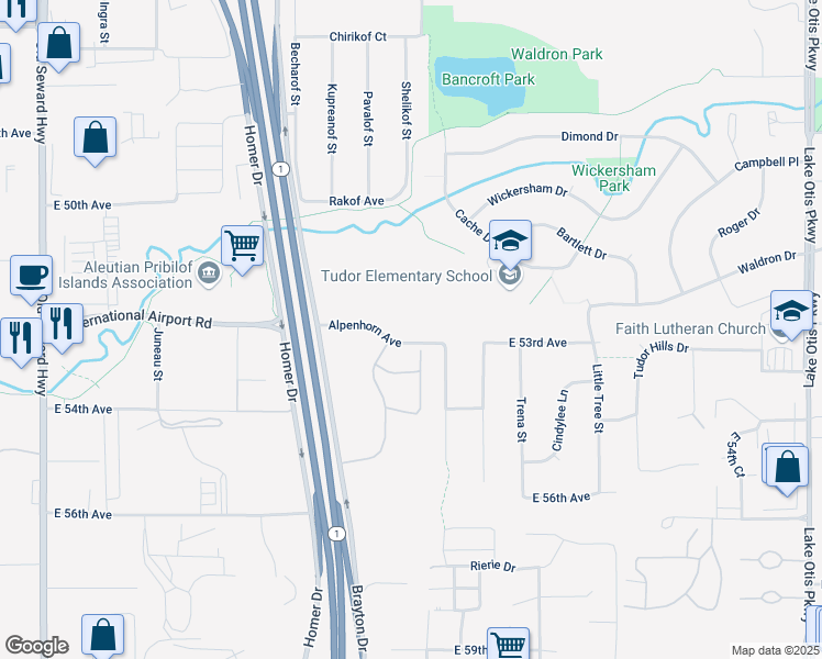 map of restaurants, bars, coffee shops, grocery stores, and more near 1521 Alpenhorn Avenue in Anchorage