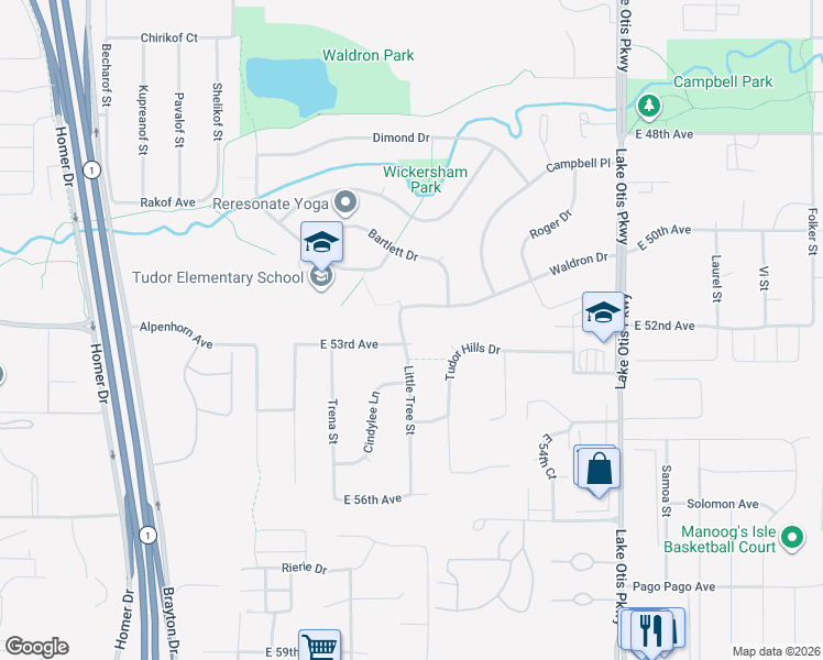 map of restaurants, bars, coffee shops, grocery stores, and more near 1900 East 53rd Avenue in Anchorage