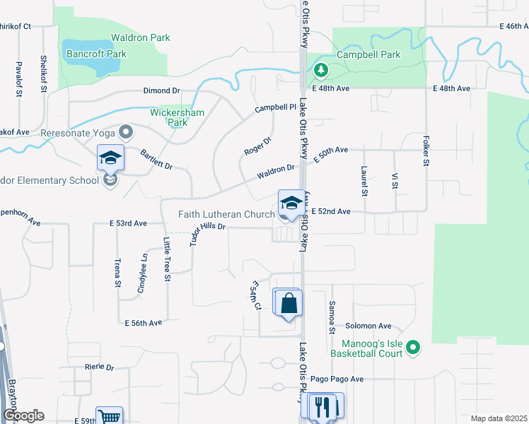map of restaurants, bars, coffee shops, grocery stores, and more near 2230 East 53rd Avenue in Anchorage
