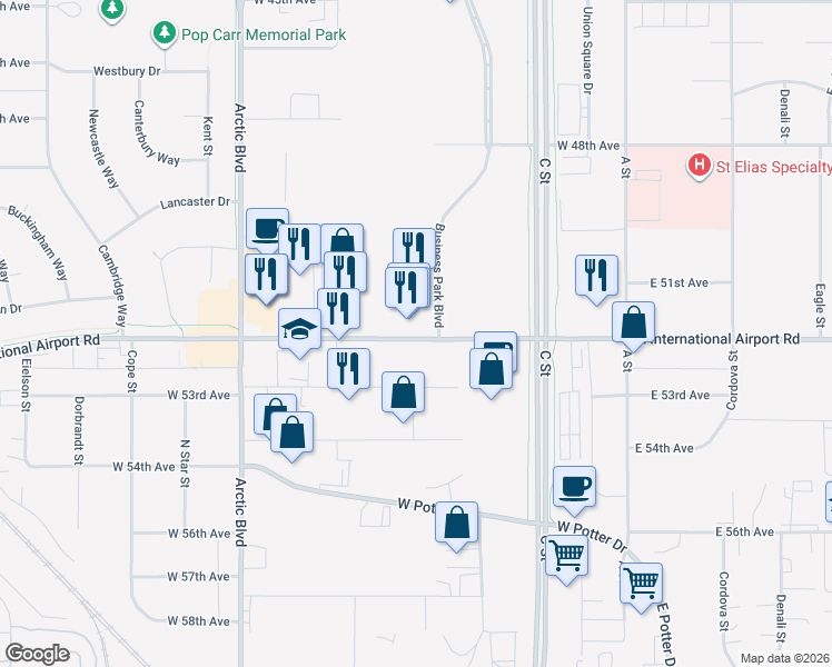 map of restaurants, bars, coffee shops, grocery stores, and more near 401 West International Airport Road in Anchorage