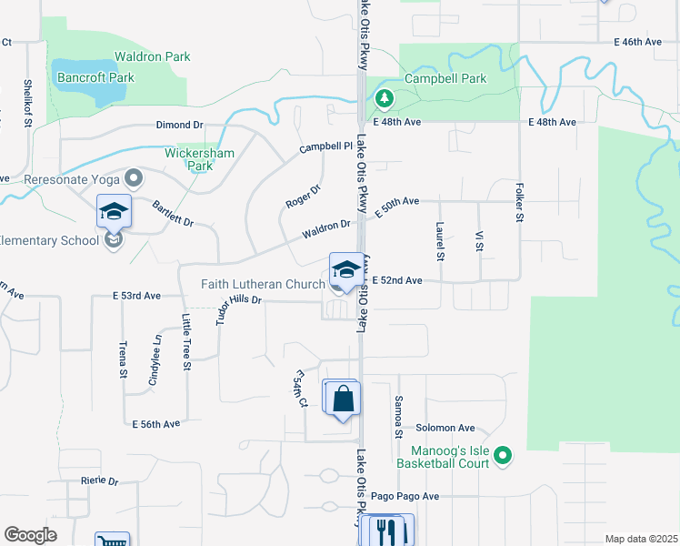 map of restaurants, bars, coffee shops, grocery stores, and more near 2395 Waldron Drive in Anchorage