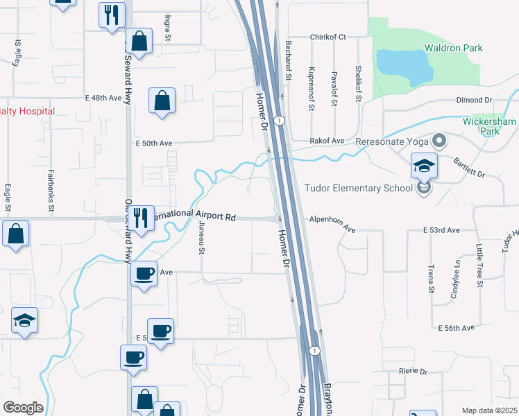 map of restaurants, bars, coffee shops, grocery stores, and more near 1205 East International Airport Road in Anchorage