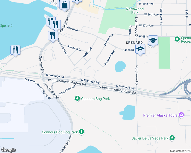 map of restaurants, bars, coffee shops, grocery stores, and more near 2600 Klamath Drive in Anchorage