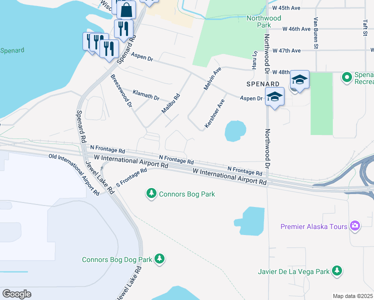 map of restaurants, bars, coffee shops, grocery stores, and more near 2600 Klamath Drive in Anchorage