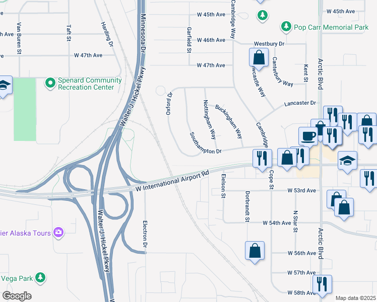 map of restaurants, bars, coffee shops, grocery stores, and more near 5081 Southampton Drive in Anchorage