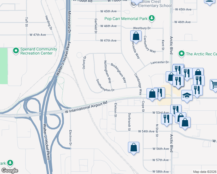 map of restaurants, bars, coffee shops, grocery stores, and more near 5102 Nottingham Way in Anchorage