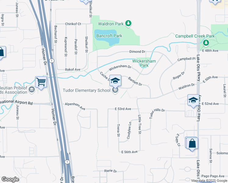 map of restaurants, bars, coffee shops, grocery stores, and more near 1666 Cache Drive in Anchorage