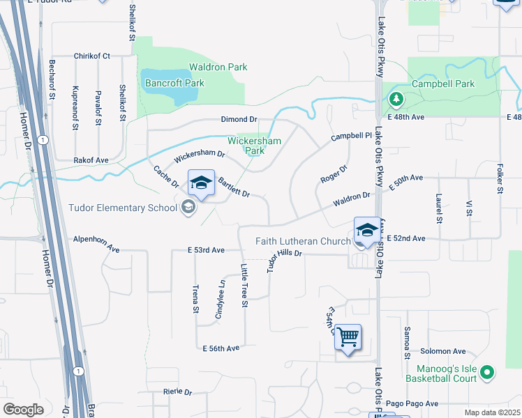 map of restaurants, bars, coffee shops, grocery stores, and more near 1932 Bartlett Drive in Anchorage