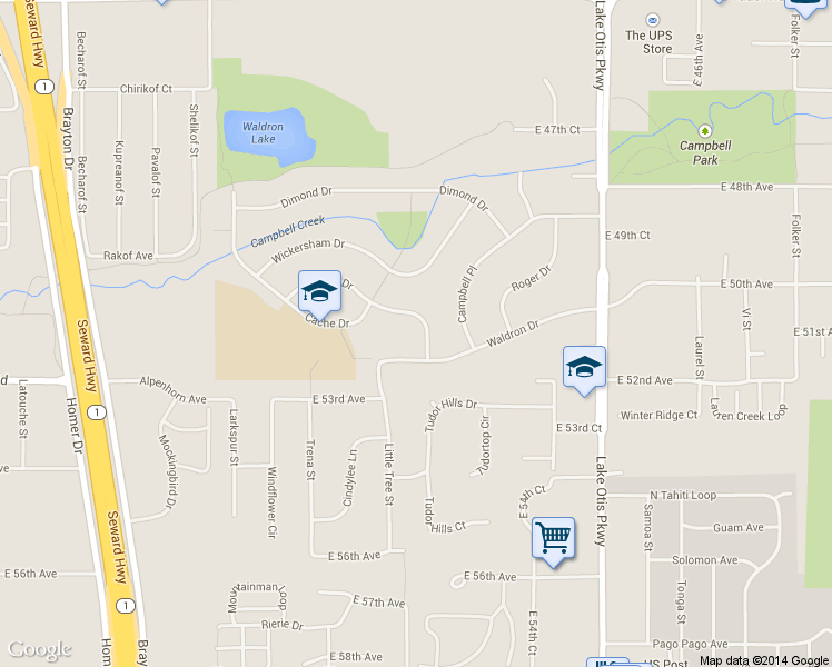 map of restaurants, bars, coffee shops, grocery stores, and more near 1932 Bartlett Dr in Anchorage