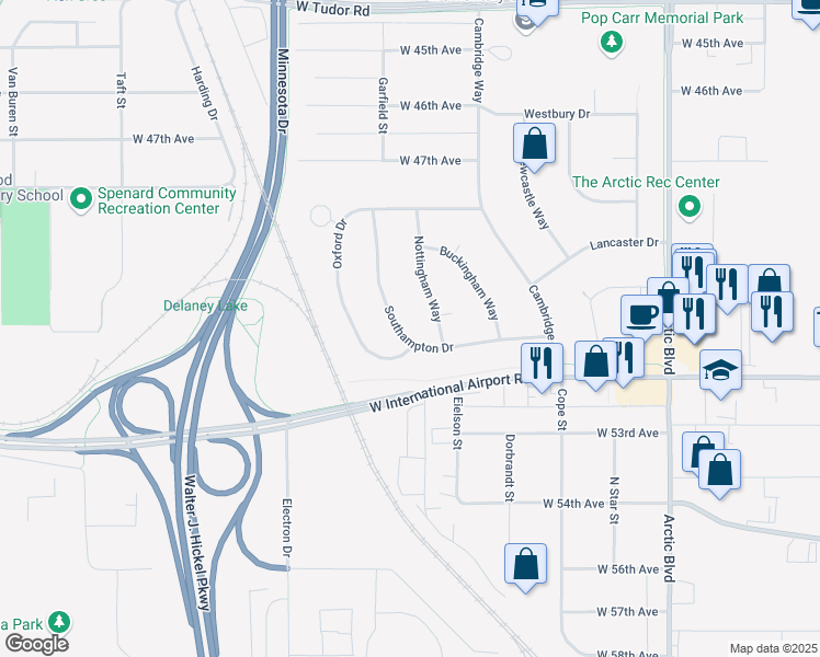 map of restaurants, bars, coffee shops, grocery stores, and more near 5081 Southampton Drive in Anchorage