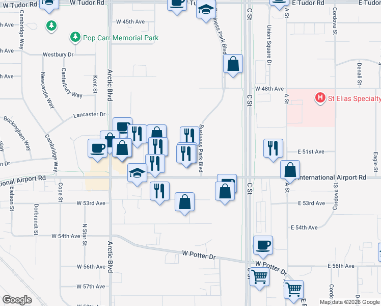 map of restaurants, bars, coffee shops, grocery stores, and more near 401 West International Airport Road in Anchorage
