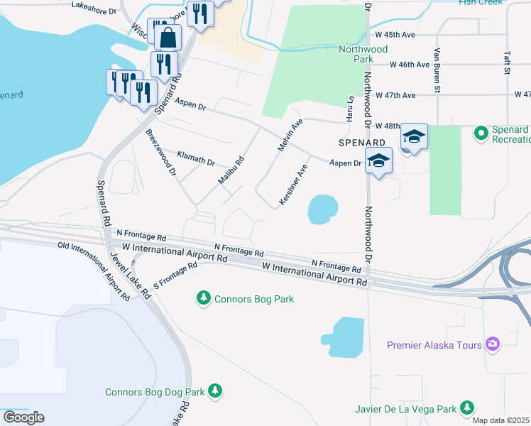 map of restaurants, bars, coffee shops, grocery stores, and more near 2600 Klamath Drive in Anchorage