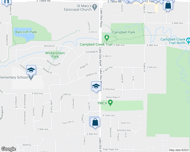 map of restaurants, bars, coffee shops, grocery stores, and more near 2397 Waldron Drive in Anchorage