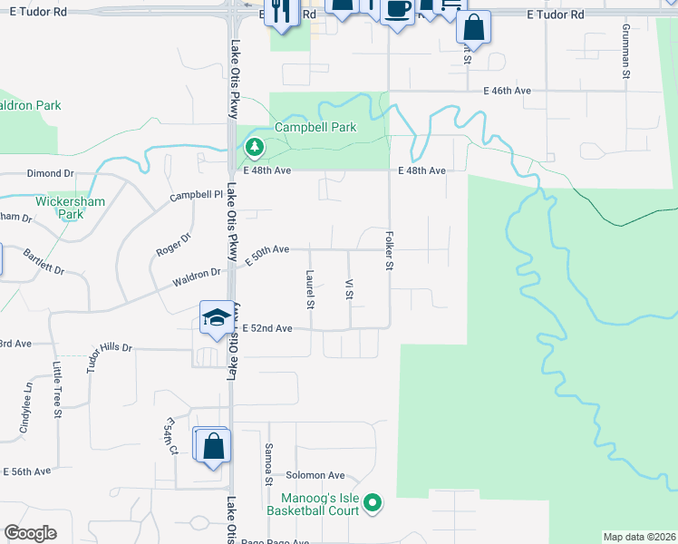 map of restaurants, bars, coffee shops, grocery stores, and more near 5080 Vi Street in Anchorage