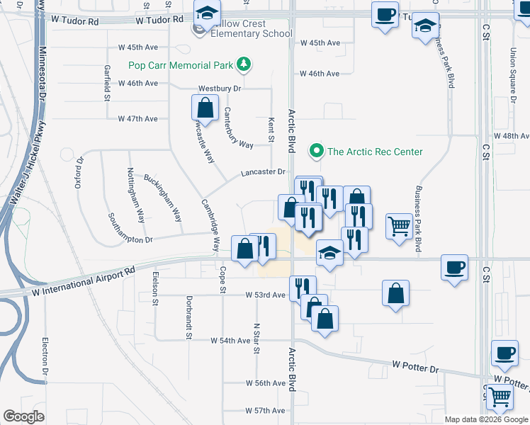map of restaurants, bars, coffee shops, grocery stores, and more near 5044 Anne Hathaway Circle in Anchorage
