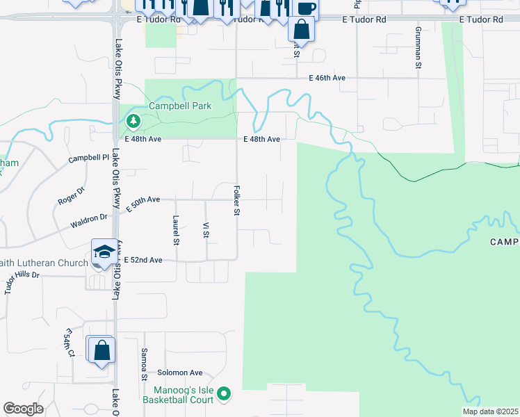map of restaurants, bars, coffee shops, grocery stores, and more near 5111 Merle Circle in Anchorage