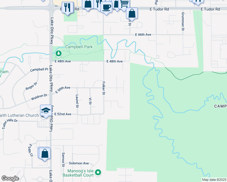 map of restaurants, bars, coffee shops, grocery stores, and more near 5111 Merle Circle in Anchorage
