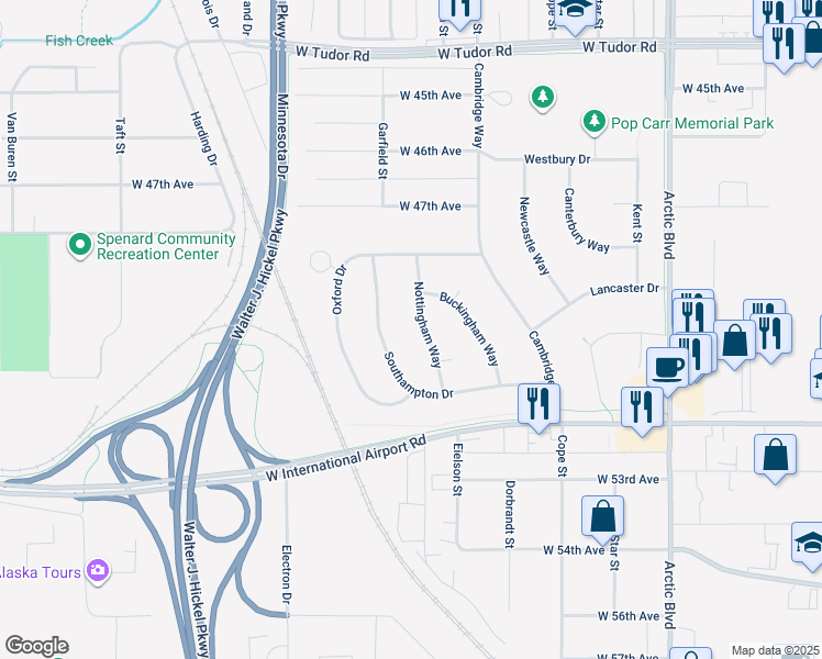 map of restaurants, bars, coffee shops, grocery stores, and more near 4980 Nottingham Way in Anchorage