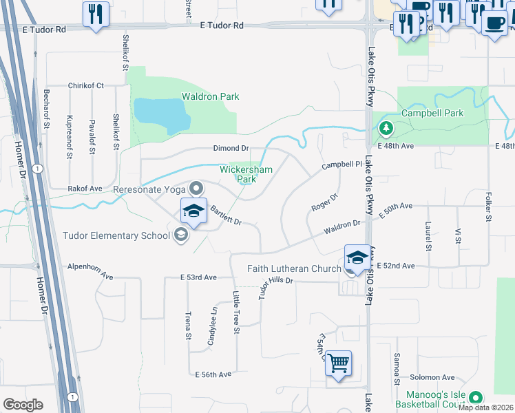 map of restaurants, bars, coffee shops, grocery stores, and more near 1941 Wickersham Drive in Anchorage