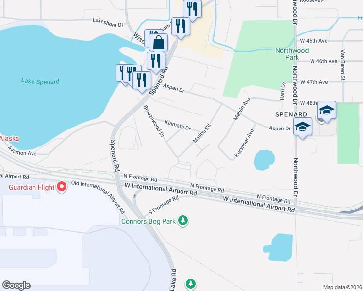 map of restaurants, bars, coffee shops, grocery stores, and more near 2804 Klamath Drive in Anchorage