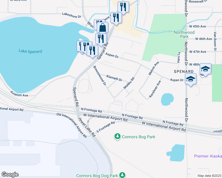 map of restaurants, bars, coffee shops, grocery stores, and more near 2804 Klamath Drive in Anchorage
