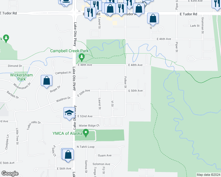 map of restaurants, bars, coffee shops, grocery stores, and more near 2543 East 50th Avenue in Anchorage