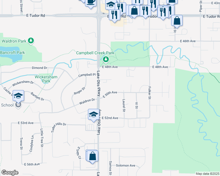 map of restaurants, bars, coffee shops, grocery stores, and more near 2405 East 50th Avenue in Anchorage