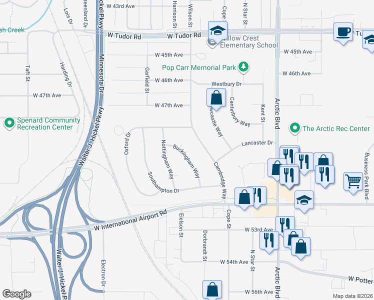 map of restaurants, bars, coffee shops, grocery stores, and more near 4811 Buckingham Way in Anchorage