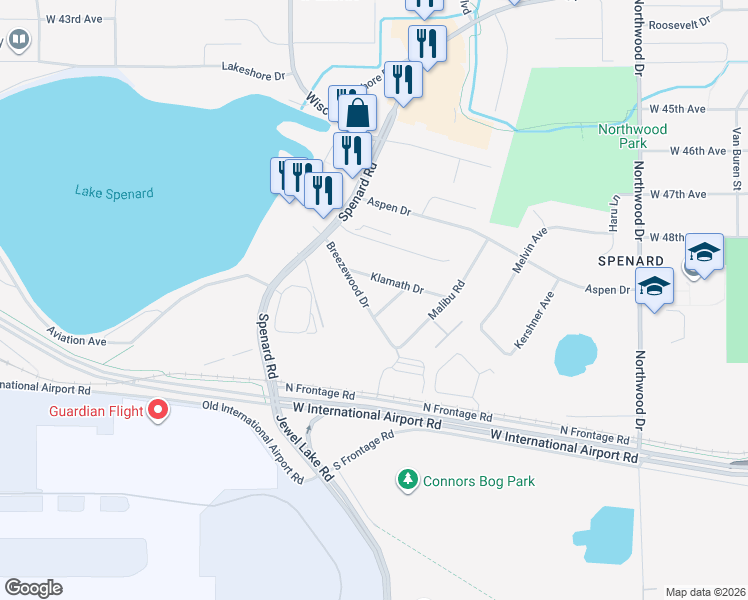 map of restaurants, bars, coffee shops, grocery stores, and more near 2807 Breezewood Drive in Anchorage
