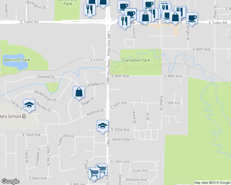 map of restaurants, bars, coffee shops, grocery stores, and more near 2300 East 49th Court in Anchorage