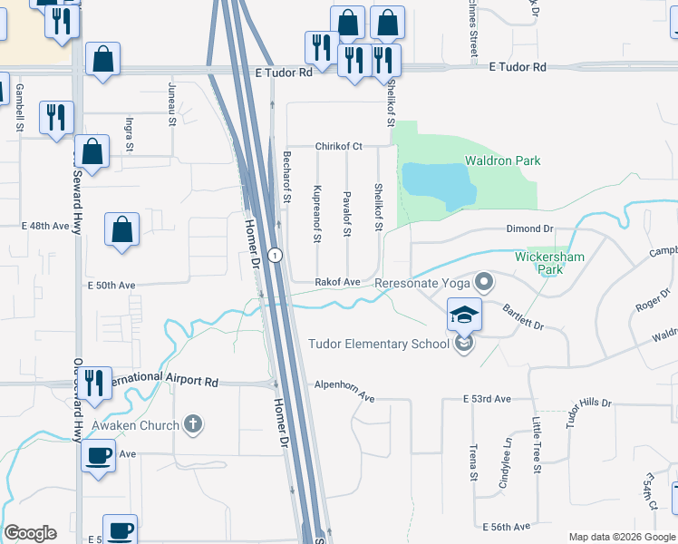 map of restaurants, bars, coffee shops, grocery stores, and more near 4900 Pavalof Street in Anchorage