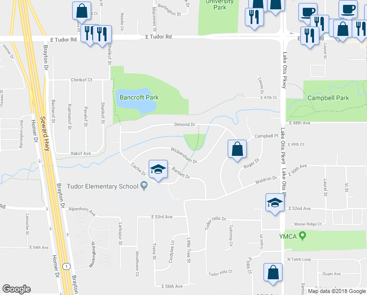 map of restaurants, bars, coffee shops, grocery stores, and more near 1801 Wickersham Drive in Anchorage