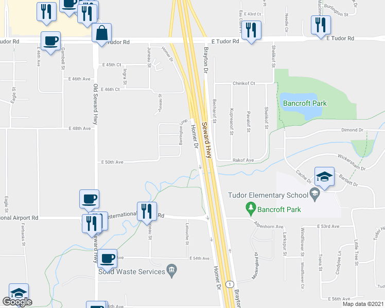 map of restaurants, bars, coffee shops, grocery stores, and more near 4900 Homer Drive in Anchorage