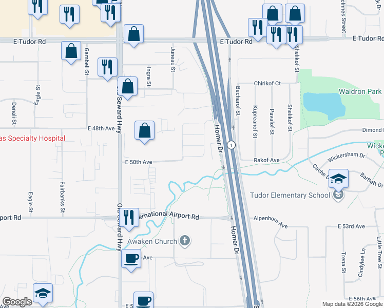 map of restaurants, bars, coffee shops, grocery stores, and more near 4987 Barrington Loop in Anchorage