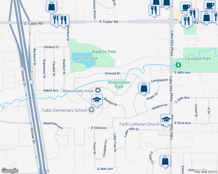 map of restaurants, bars, coffee shops, grocery stores, and more near 1801 Wickersham Drive in Anchorage