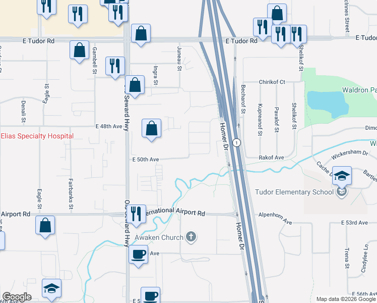 map of restaurants, bars, coffee shops, grocery stores, and more near 4802 Barrington Loop in Anchorage