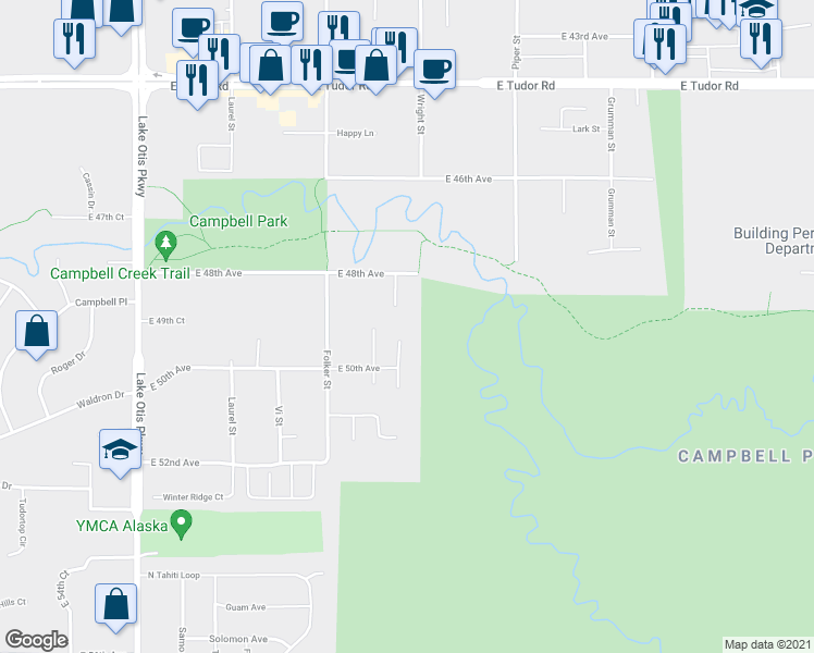 map of restaurants, bars, coffee shops, grocery stores, and more near 4901 Clint Circle in Anchorage